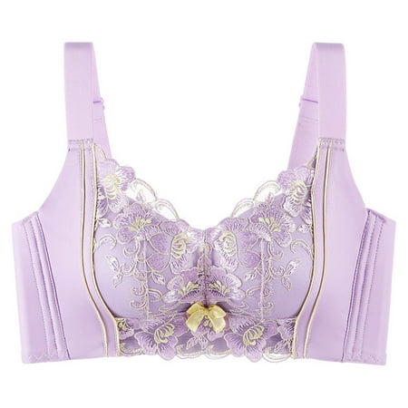 Gnurob Wirefree Bralette for Womens Lace Embroidered Bras Lightly Lined Cups Brassiere Widen Band Bra Hide Back Fat Bralettes Everyday Underwear Clearance Saving Purple Small