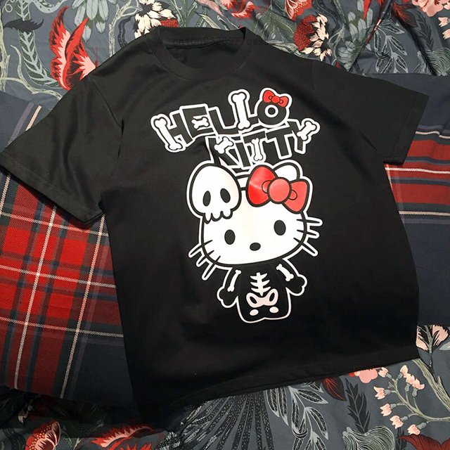 Sanrio hello kitty halloween goth camisetas y2k mujeres góticas hip-hop esqueleto tops estudiante moda ropa suelta de talla grande xuanjing unisex