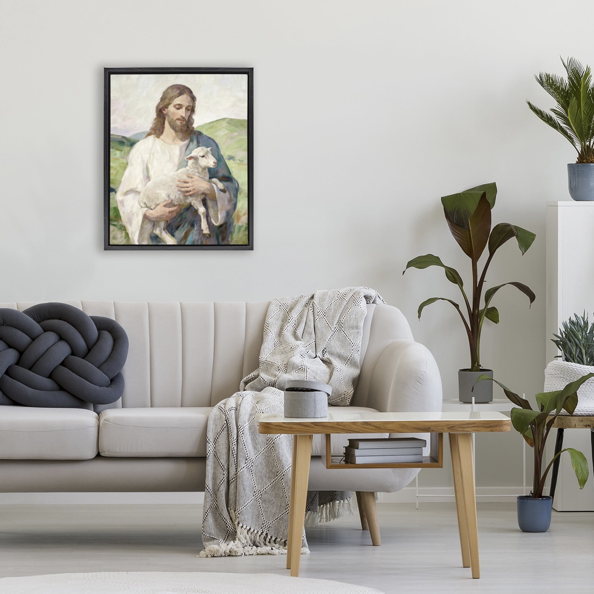 Stupell Industries Little Lamb & Spiritual Figure Black Framed Floater Canvas Wall Art, design by Kim Allen