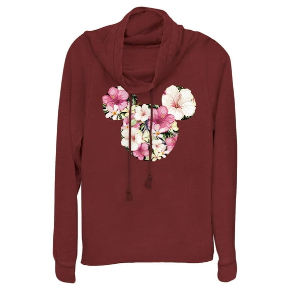 Junior's Mickey & Friends Pink Floral Mickey Mouse Logo  Cowl Neck Sweatshirt