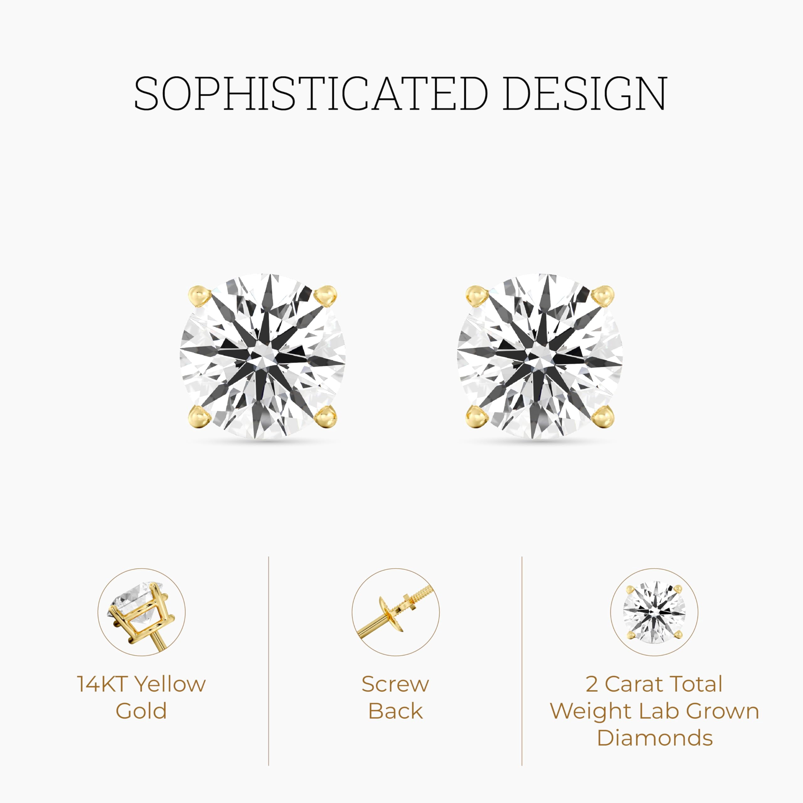 Gilded 2 Carat Total Weight IGI Certified Lab-Grown Diamond 14KT Yellow Gold Stud Earrings for Women| Hypoallergenic Fine Gold Jewelry|4-Prong Basket, Push Back Nut|VSI1 Clarity, E-F Color, Round Cut