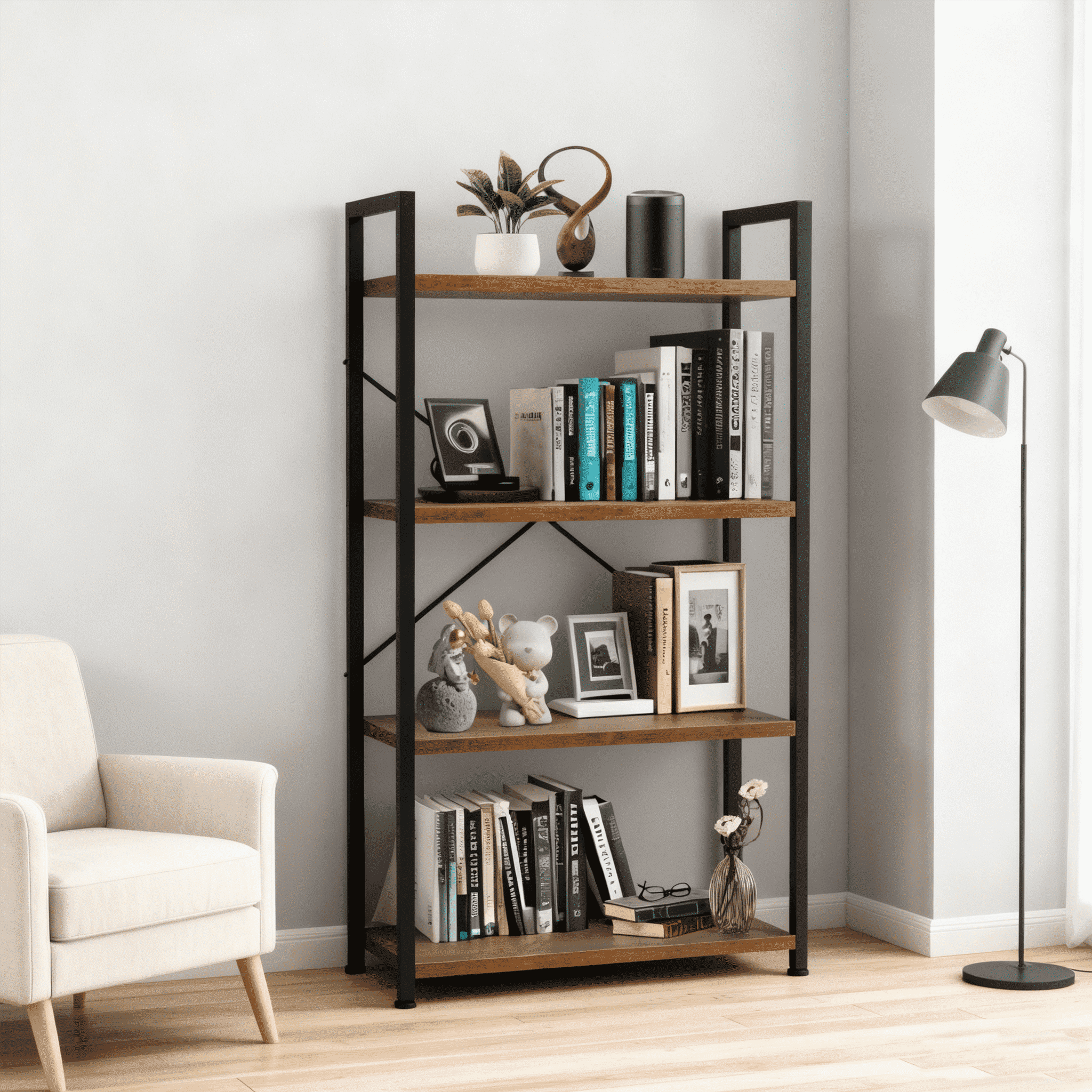 YEEZEE 4-Tier Bookshelf, Industrial Open Shelving Unit, Modern Tall Bookcase Ideal For Bedrooms, Living Rooms, And Home Offices Rustic Brown