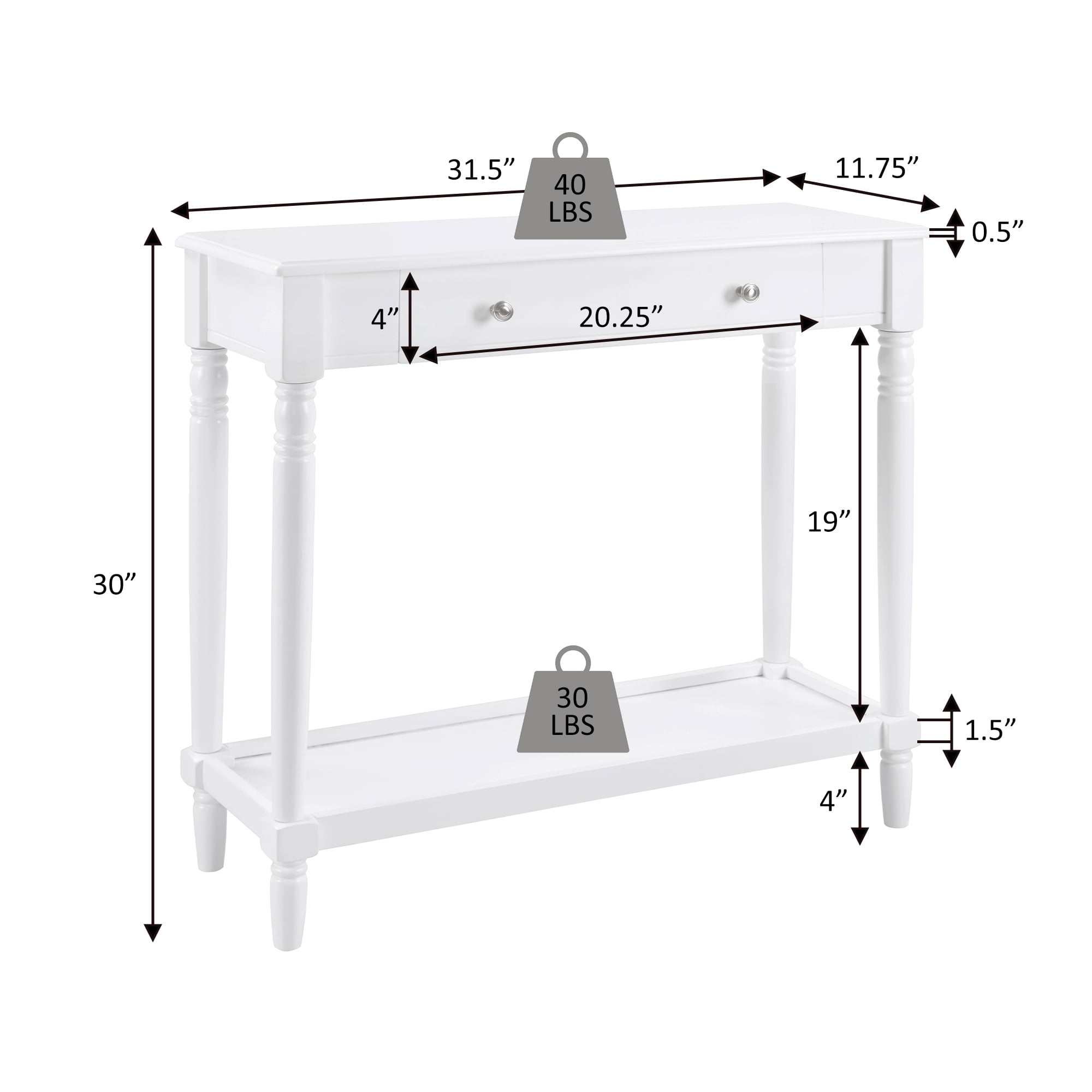 Convenience Concepts French Country Manor No Tools 1 Drawer Hall Entryway Table with Shelf, White