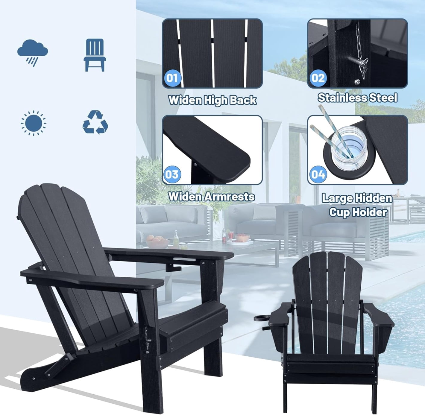 Folding Adirondack Chairs Set of 2, All-Weather HDPE Lawn Chairs with Cup Holder, Comfortable Outdoor Patio Chairs for Deck, Porch, Backyard, Garden, Black
