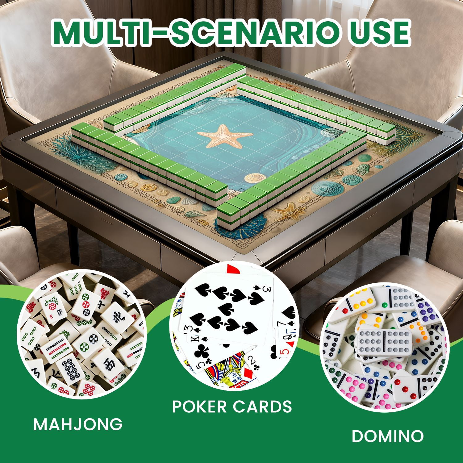 Mahjong Mat 31.5" x 31.5" Colorful Starfish Seashells Ocean Tide Pool Sandy Beach Border Non-Slip Noise Reduction American Mahjong Tiles Table Cover for Dominoes Poker Card Board Games Gift