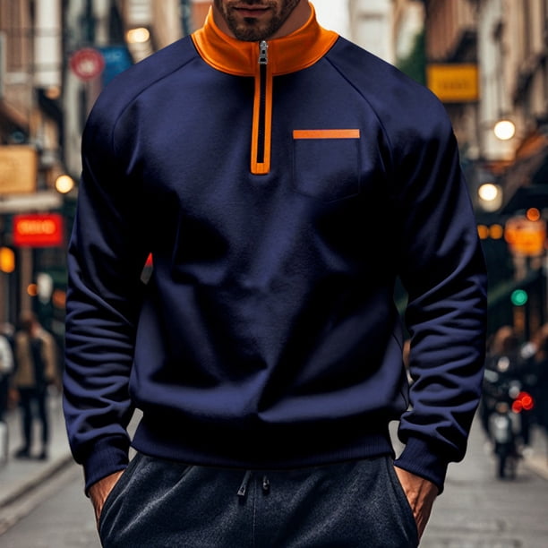 pstuiky Camisas para hombre de manga larga, Blusa informal de manga larga con cuello alto y cremallera con bloques de color para hombre top de hombre s