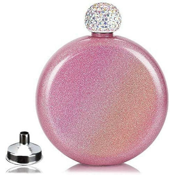 Cute Liquor Flask for Women, 304 Stainless Steel,Pretty Glitter Coating Whiskey Flasks,Shining Rhinestone Cap,Portable Wine Flask for Drink Bar BBQS and Traveling,Capacity 5 oz (Pink)
