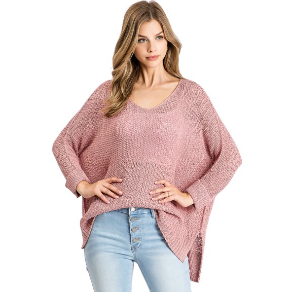Lana Roux Women's Juniors Oversize Knit V-Neck Sweater Top (Blush, M/L)