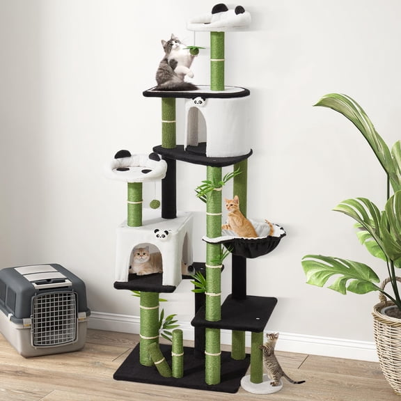 Erinnyees 71" Multi-Level Cat Tree Tower, Cute Panda Design Cat Condo with Sisal Posts and Hammock