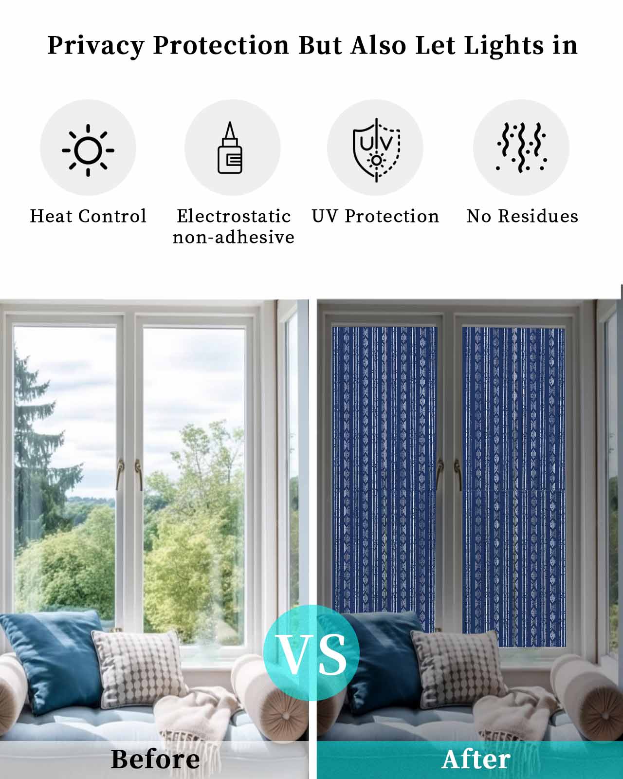 Window Privacy Film,Boho Navy Blue Stripes UV Sun Blocking Window Tint Film Heat Control One Way Blackout Window Film,Modern Bohemian Art Texture Non Adhesive Static Cling Window Sticker 29.5x118 In