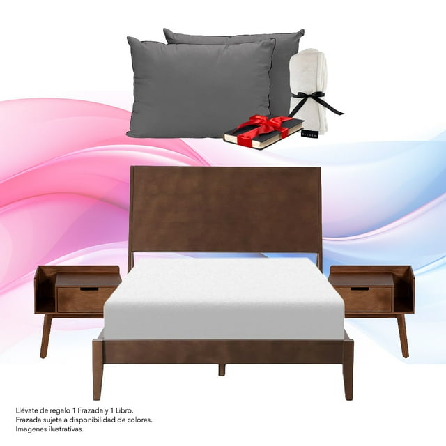 Box Base cama King Size + Cabecera Nogal + Almohada 2Pack + Frazada + 2 buros