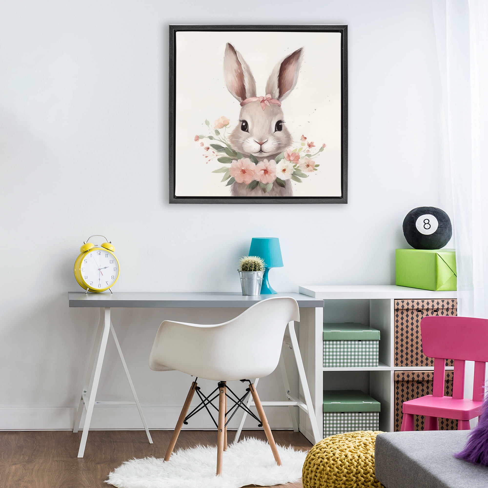 Stupell Industries Charming Bunny in Floral Wreath Black Framed Floater Canvas Wall Art, design by Lazar Studio