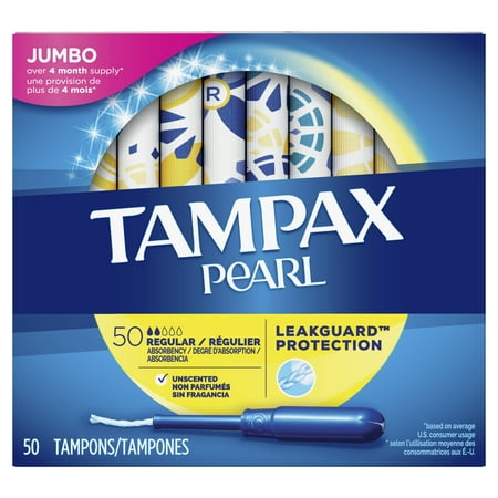 TAMPAX Pearl, Regular, Plastic Tampons, Unscented, 50