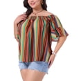 thumbnail image 4 of Agnes Orinda Women's Plus Size Striped Tops Boho Off Shoulder Flare Short Sleeve Casual Blouse 1X Orange, 4 of 6