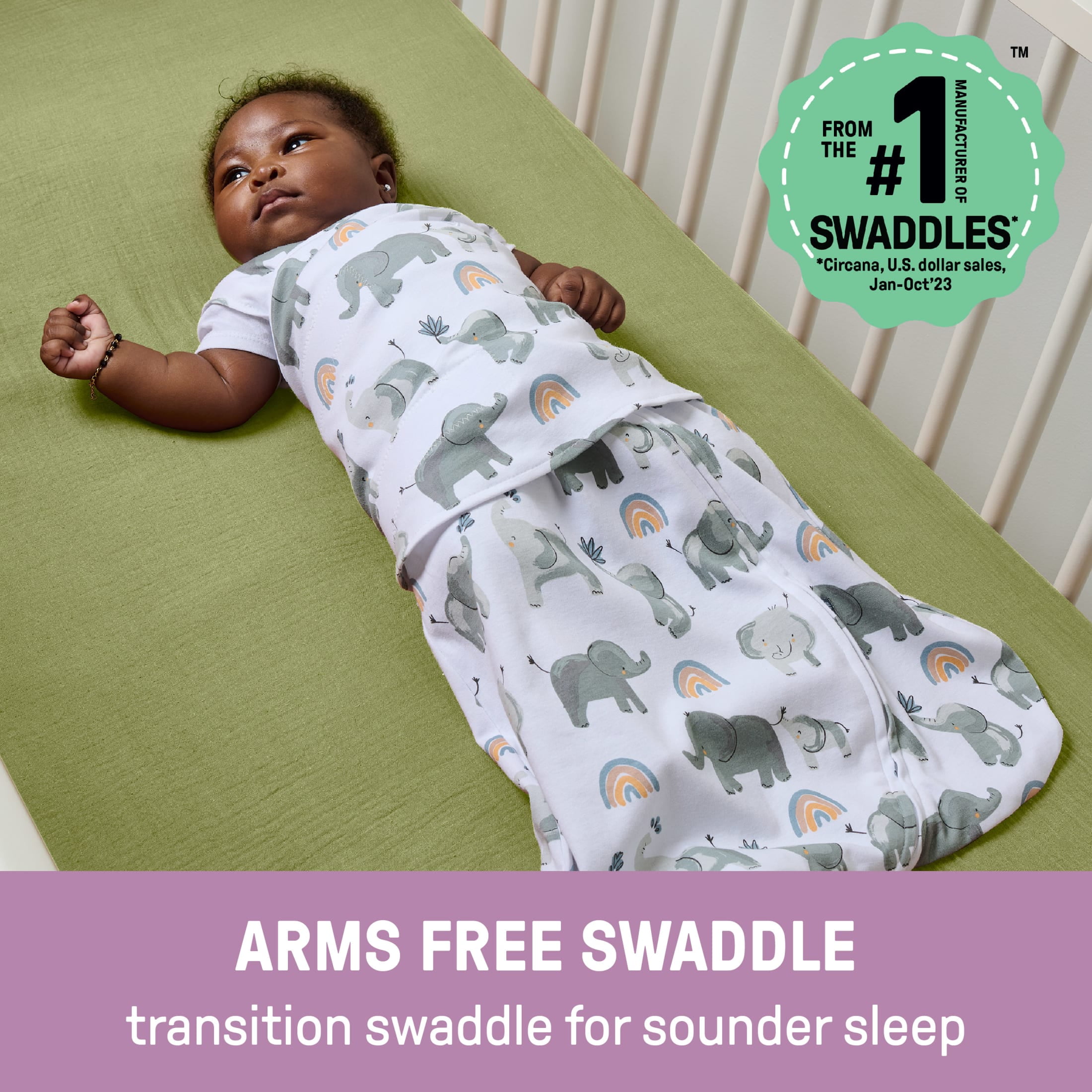 SwaddleMe by Ingenuity Arms Free Convertible Baby Swaddle, Size 3-6 Months, 14-18 Pounds, 1.0 TOG - Happy Elephant