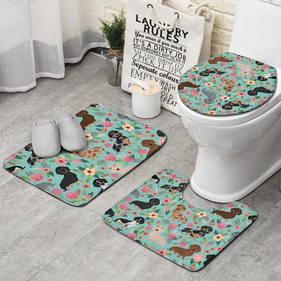Dachshund and Flower Bathroom Rugs Sets 3 Piece,Toilet Cover Set,Absorbent Non Slip Bathroom Mats Sets with U-Shaped Contour Rug Toilet Rug Set