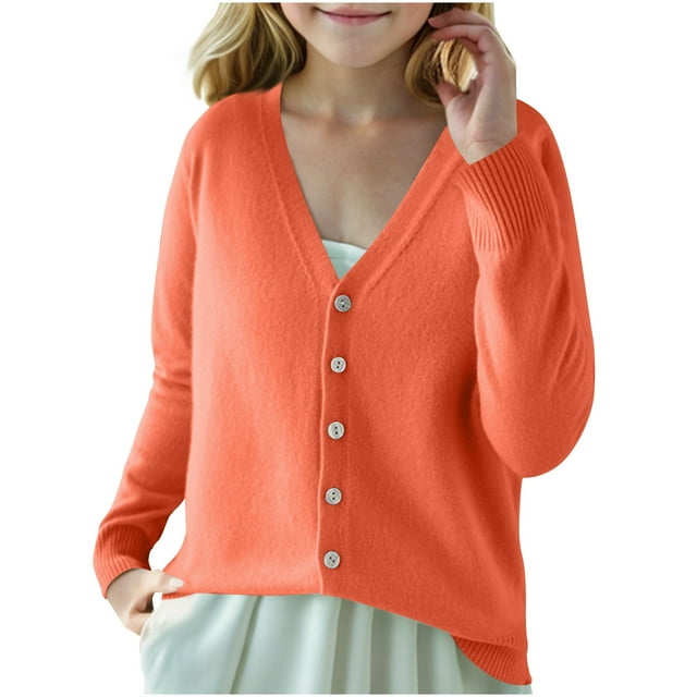 Boys' Solid Color V,Neck Knit Cardigan , Fall Seasonal Outerwear ,Knit Bottom Design, Orange L