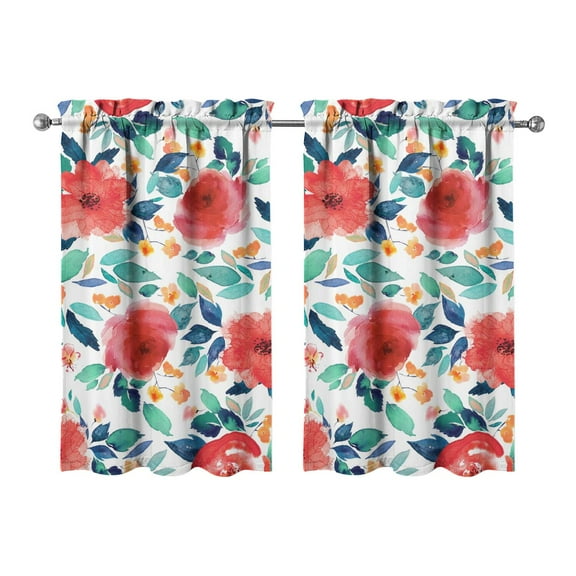 Vintage Floral Kitchen Curtains Set of 2 - 27.5x39 Inch Semi-Sheer Botanical Garden Print, Rod Pocket Farmhouse Window Treatment Panels