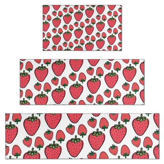 Red Strawberry Plants Fruit White Pattern Kitchen Rugs Sets Of 3,Kitchen Runner Rugs Non Skid Washable,Decorative Kitchen Floor Mats for Kitchen,Sink,Laundry,17"x30" 17"x47" 17"x59"