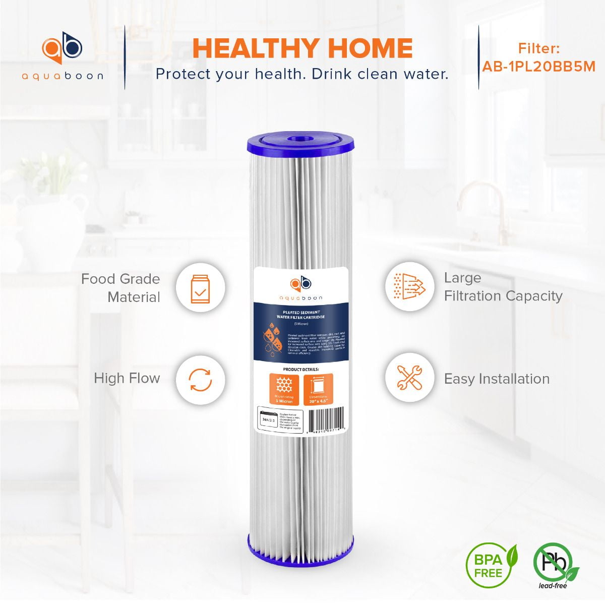 Aquaboon 5 Micron 20" Pleated Sediment Water Filter Replacement Cartridge | Whole House Sediment Filtration | Compatible with ECP5, AP810-2, HDC3001, CP5, SPC-45-1005, ECP1-20, 2-Pack