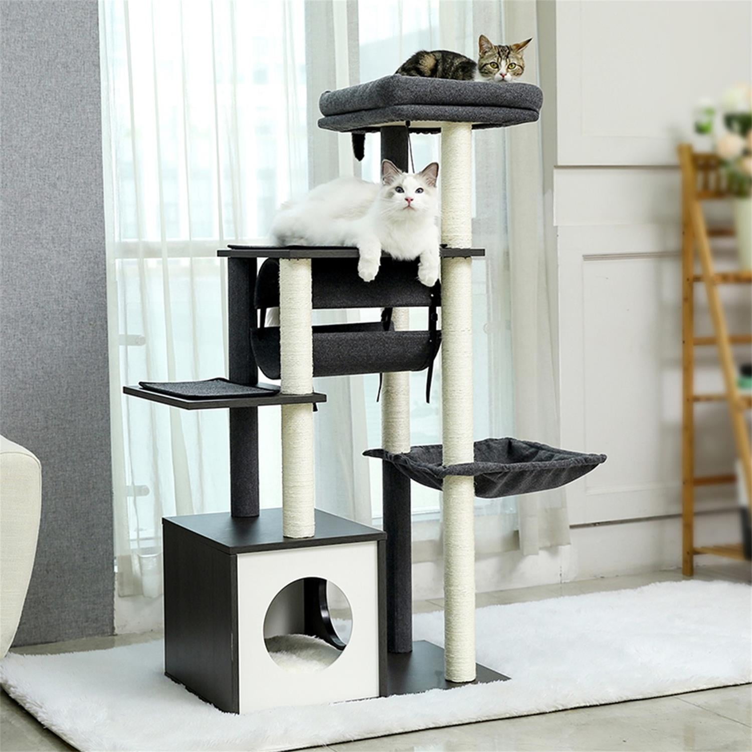 Pefilos 51.4 Inches Modern Cat Tree 6 Levels Wooden Cat Tower with Sisal Covered Scratching Posts, Cozy Condo, Spacious Perch, Hammock and Swing Tunnel for Indoor Cats, Gray Pefilos 51.4 Inches Modern Cat Tree 6 Levels Wooden Cat Tower with Sisal Covered Scratching Posts, Cozy Condo, Spacious Perch, Hammock and Swing Tunnel for Indoor Cats, Gray
