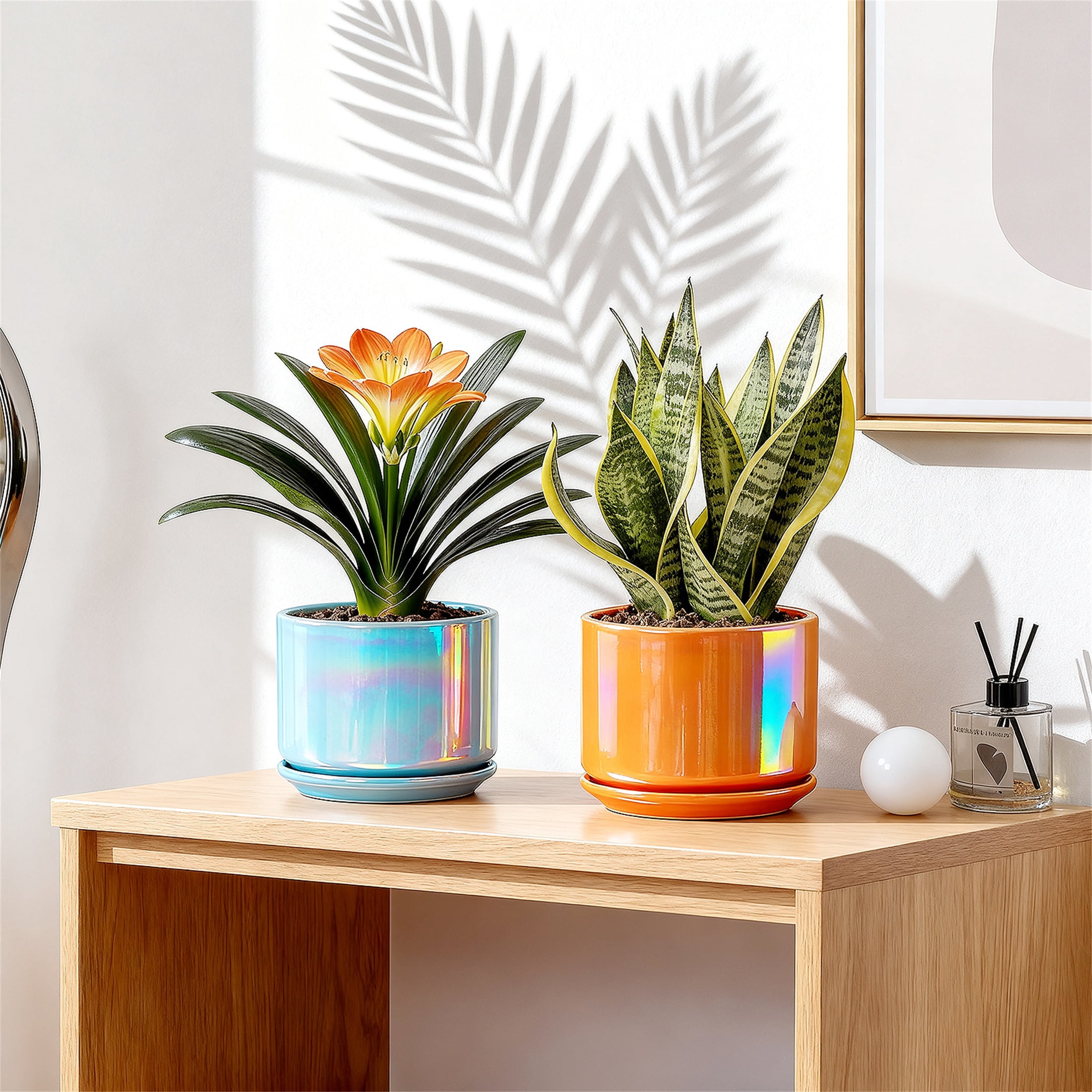 BUYMAX  Plant Pots, 4+5+6 Inch Pots for Indoor Plants,Ceramic Planter Pot with Drainage Hole,Flower Pots for Succulent Cactus,Set of 3 - Rainbow Pearl Glaze Blue