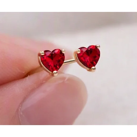 1.00 Ct Heart Cut Simulated Ruby Stud Earrings 14K Yellow Gold Plated