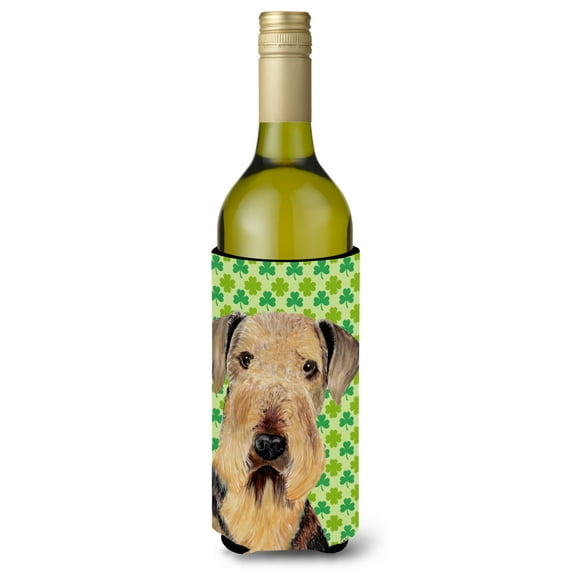 Airedale St. Patricks Day Shamrock Portrait Wine Bottle Hugger