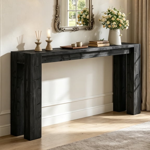 Fnova 70.9" Solid Wood Black Console Table, Farmhouse Extra Long Narrow Entryway Table, Heavy Duty Sofa Table for Living Room, Hallway, Foyer