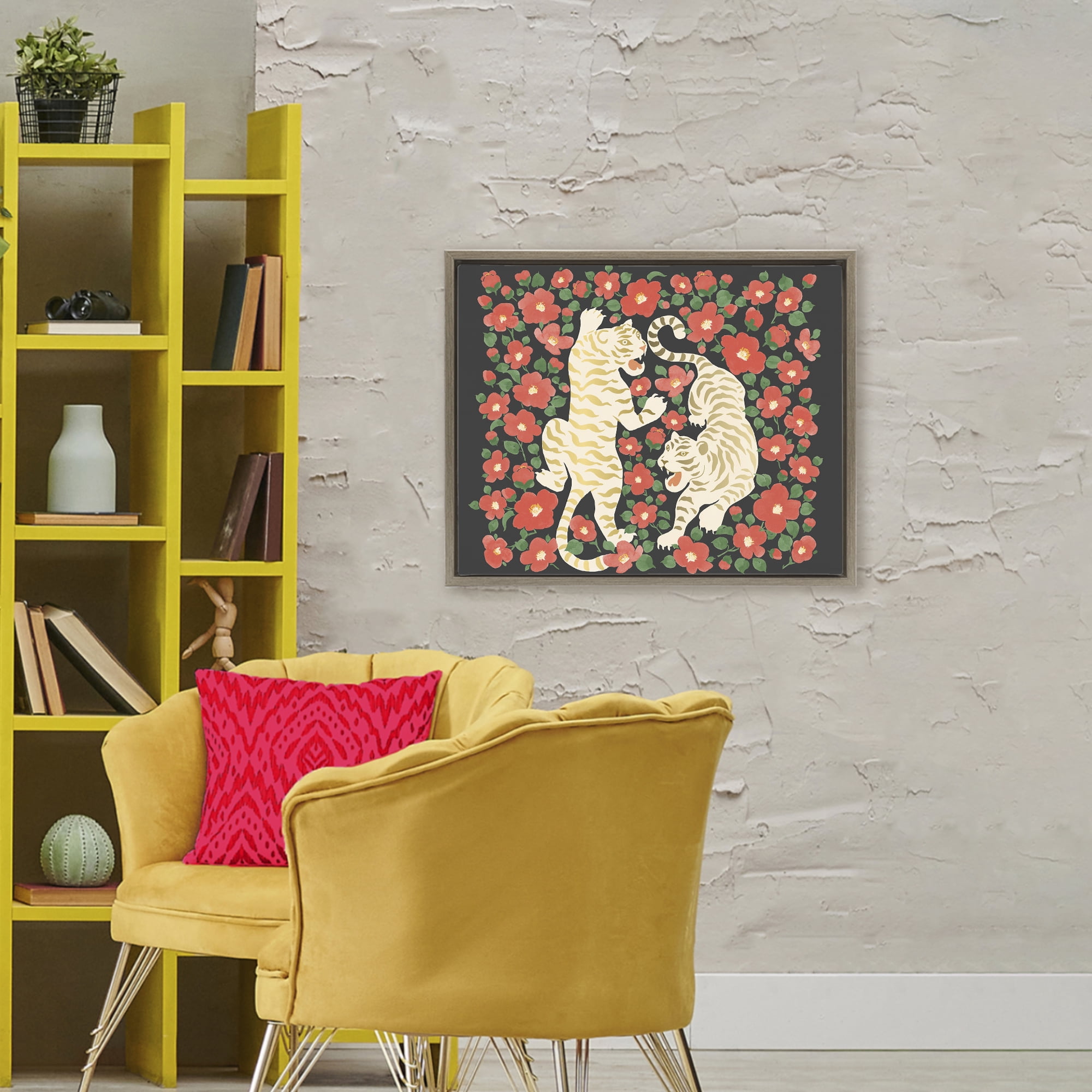 Stupell Industries Ivory Twin Tigers Among Flowers Brown Framed Floater Canvas Wall Art, design by Karolina Sato