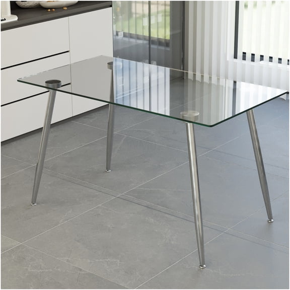 Modern Rectangular Glass Dining Table with Silver Metal Legs, Tempered Glass Top Kitchen Table for Home Office