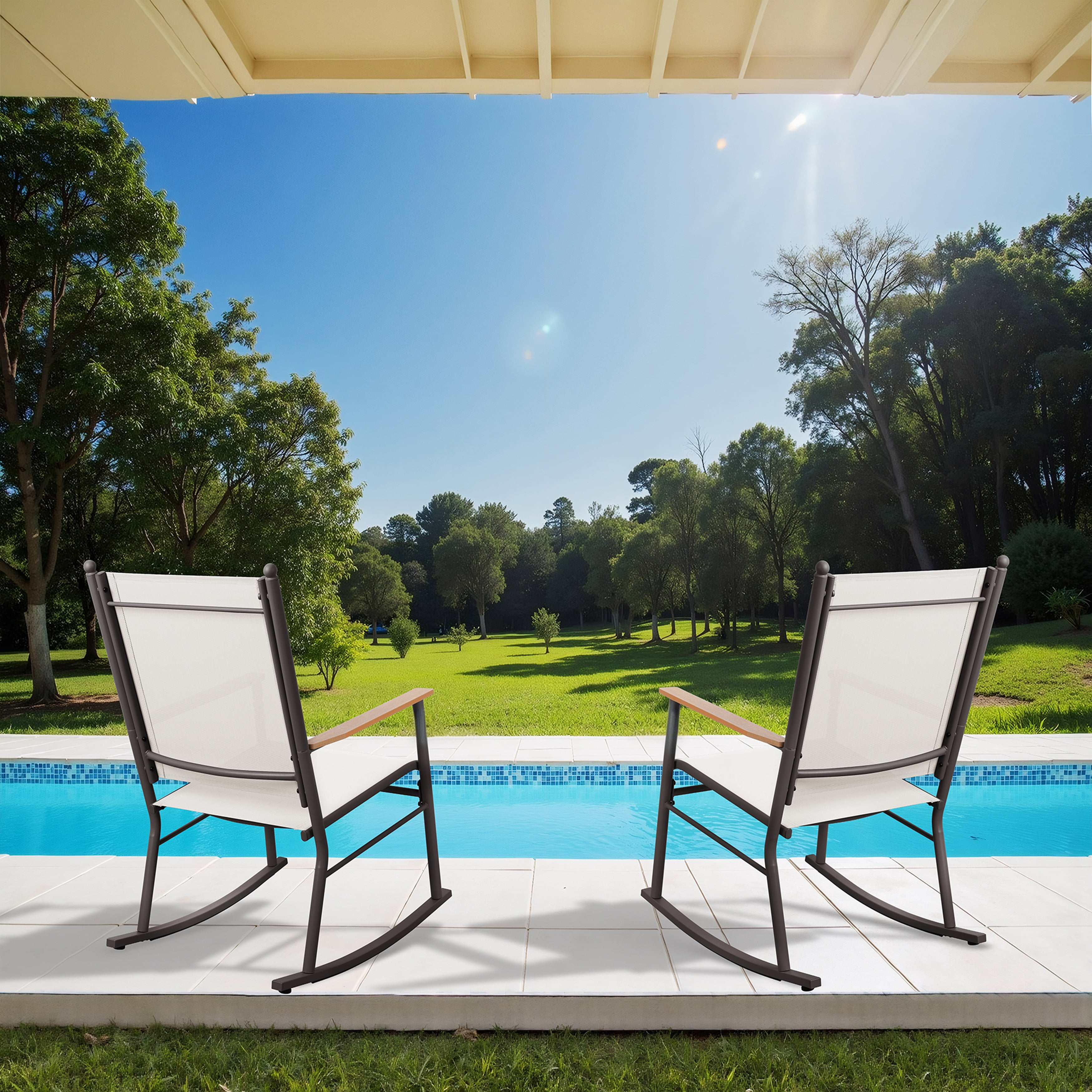 Walsunny Outdoor Patio Chairs Set of 2 Rockers Metal Rocking Chairs Furniture for Porch Backyard Lawn Garden,Cream