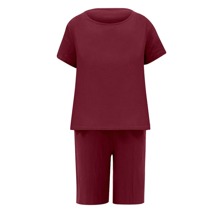 REORIAFEE Outfits for Women Sets 90s Outfit Women's Summer 2 Piece Lounge  Matching Sets Outfits Linen Round Neck Short Sleeve Tops Short Pants  Tracksuits Suit Wine S 