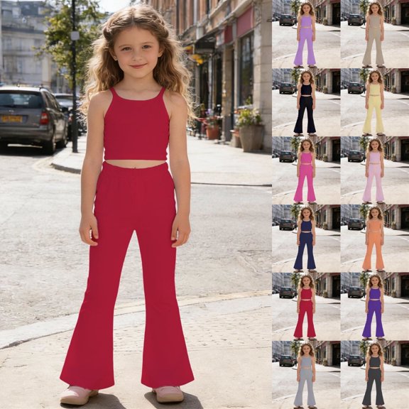 LRen Girls Oversized Flare Pants Tops 2PCS Sets School Uniform for Girls High Waist Stretch Bell Slim Fit Bottoms Casual Fashion Y2K Clothing Outfits