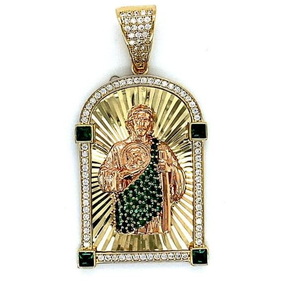 14K GREEN AND WHITE CZ STONE SAN JUDAS PENDANT