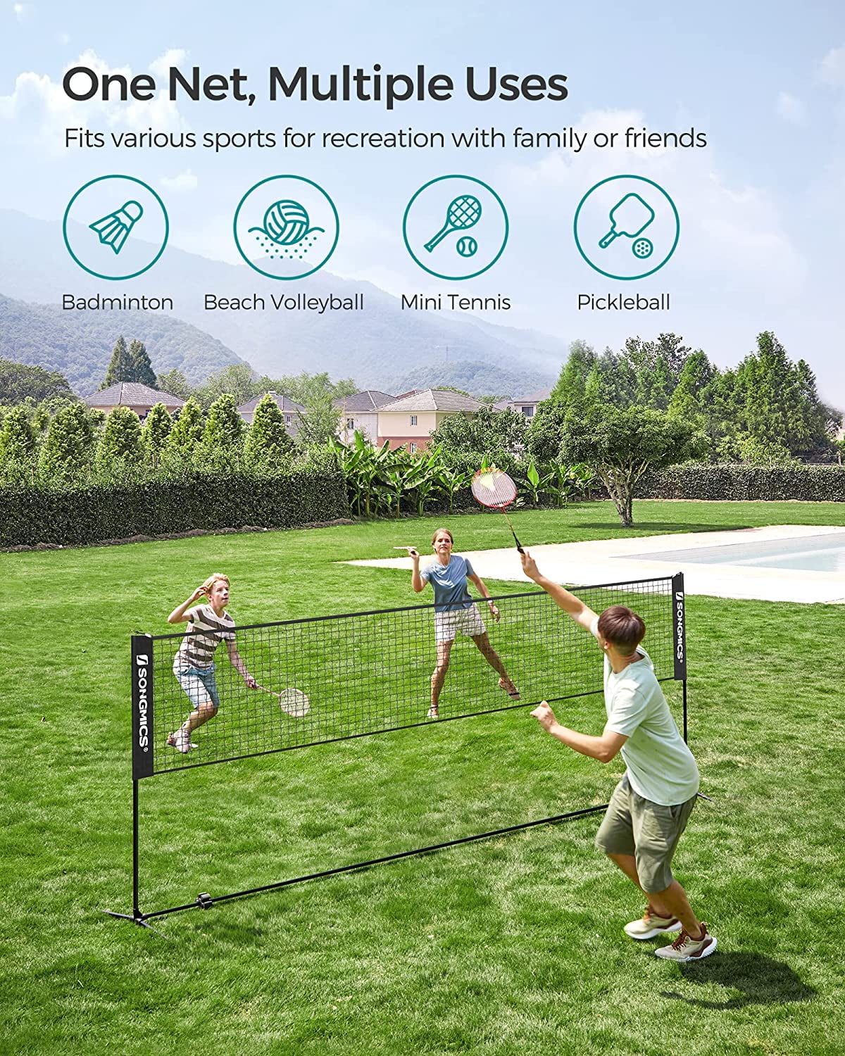 Badminton Net Set Portable Sports Set for Badminton Tennis Kids Volleyball Pickleball Easy Setup Nylon Net with Poles for Indoor Outdoor Court,16.5FT