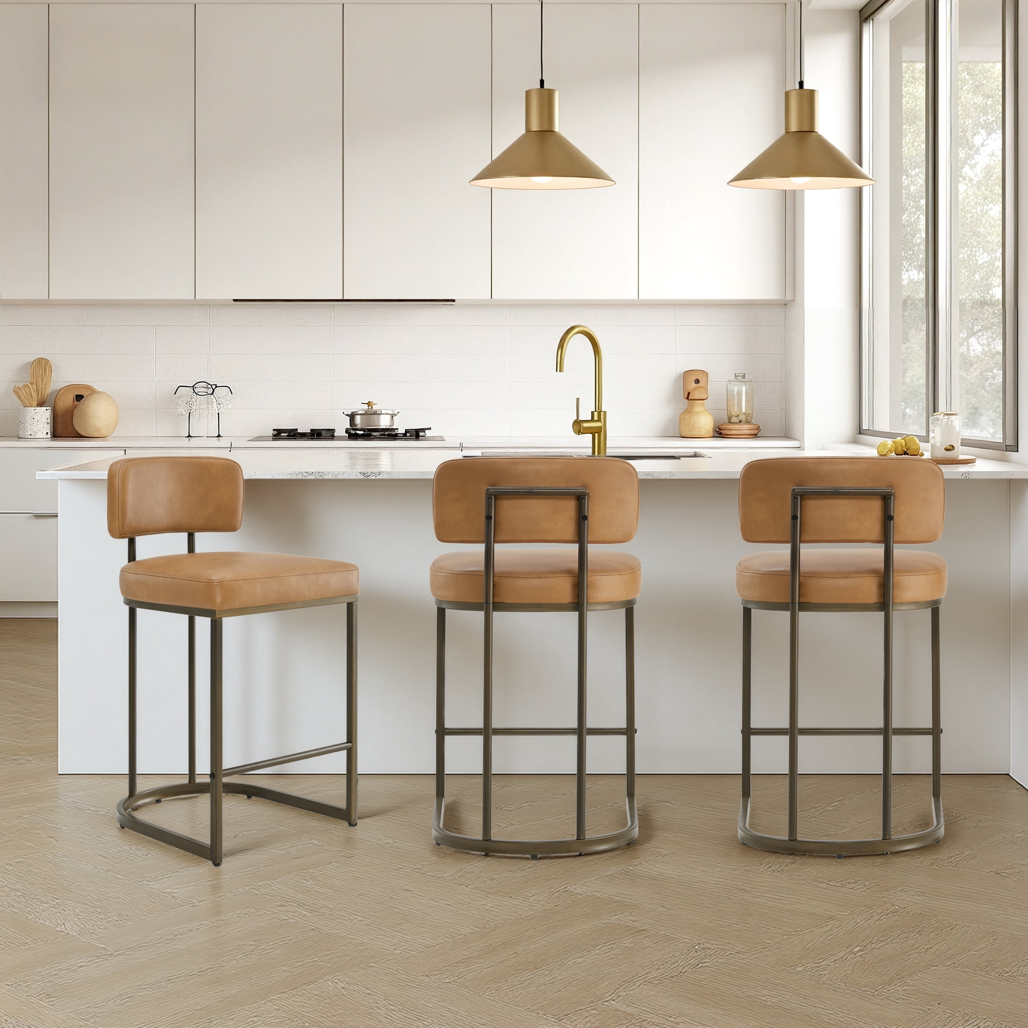 Spruce & Spring Modern 26-Inch Counter Bar Stool Set with Brass Frame Set of 2, Brown with Brass Frame
