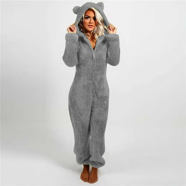 LSLJS Combinaison Pyjama à Capuche à Manches Longues pour Femmes, Décontractée, Chaude pour l'Hiver, Tenue de Nuit