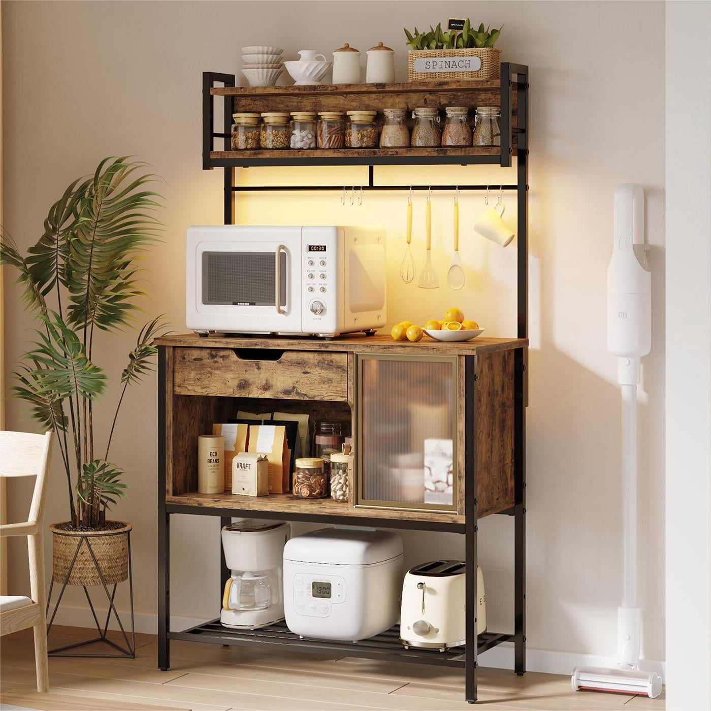 Besiter 60" Kitchen Baker's Rack with LED Light 6-Tier Microwave Stand with Storage Drawer Cabinet & 8 Hooks, Rustic