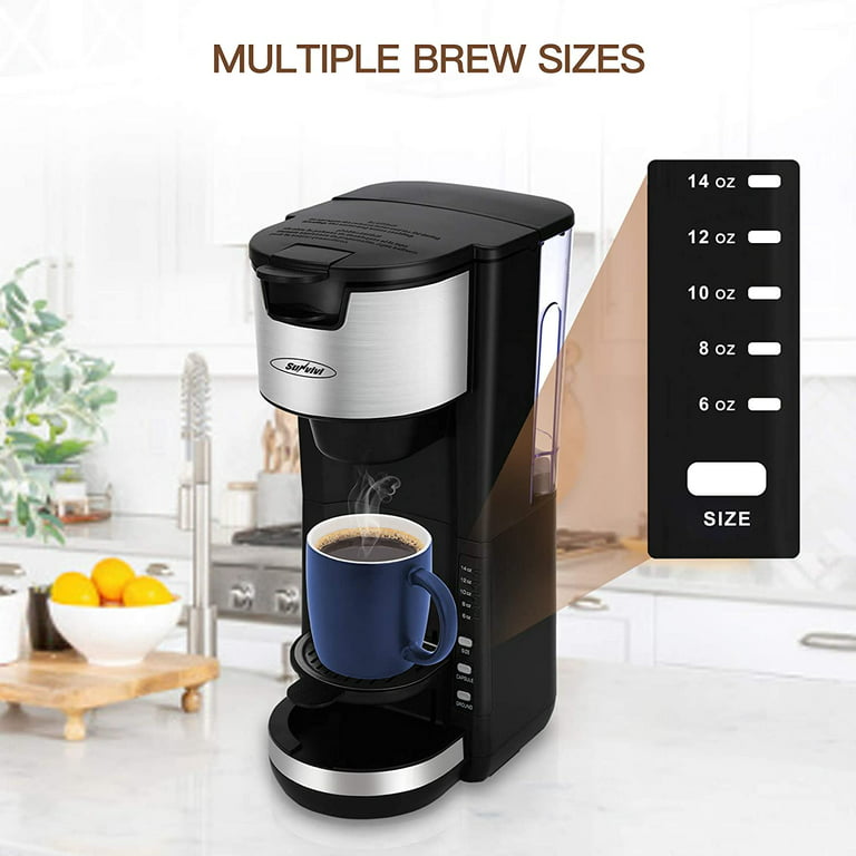 Superjoe Single Serve Coffee Maker for Pods and Ground Coffee, 6-14OZ  Reservoir One-Touch Control Button Coffee Machine,Black 
