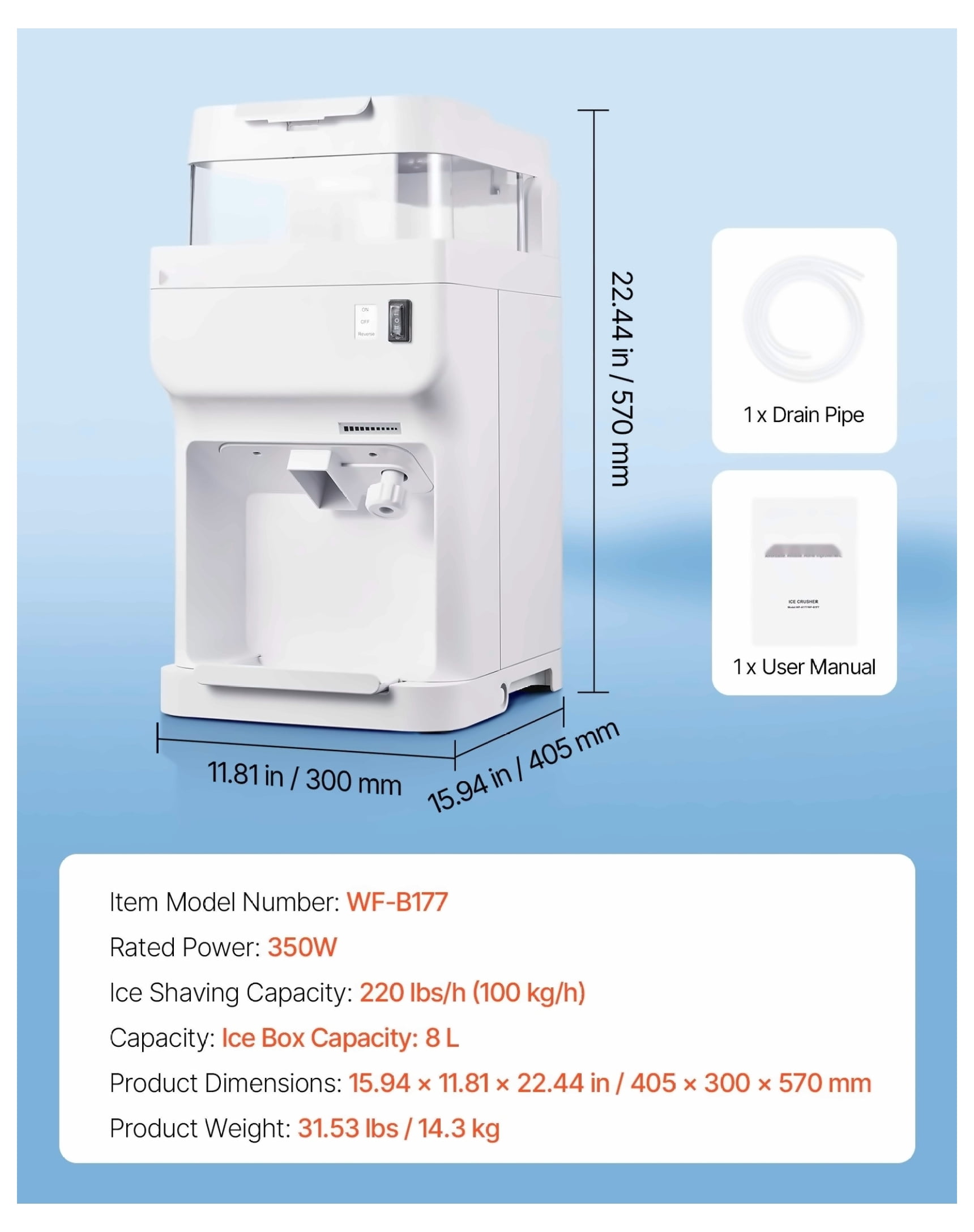 Commercial Ice Shaver 220LBS/H Electric Ice Crusher Snow Cone Maker White