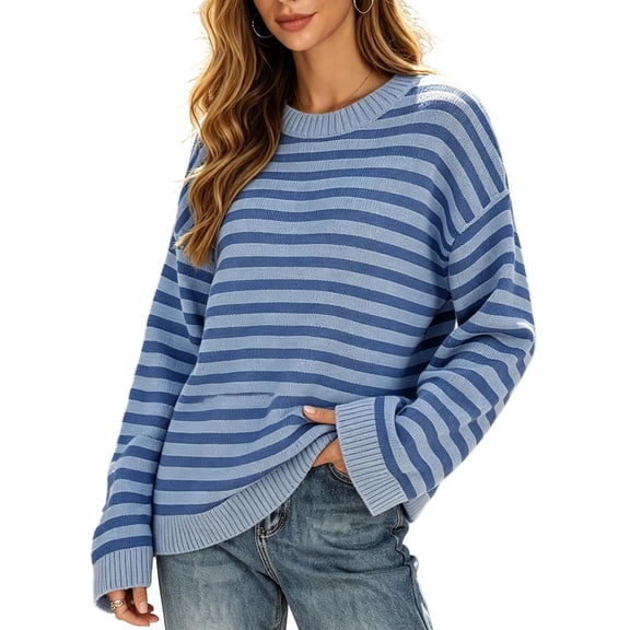 Fewfanhot Sweaters for Women Striped Knit Casual Crew Neck Long Sleeve Trendy Pullover Sweater Tops