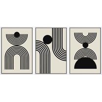 PixonSign Framed Canvas Print Wall Art Set Duotone Geometric Mid-Century Stripe Circles Abstract Shapes Illustrations Modern Art Boho Decorative for Living Room, Bedroom, Office - 24"x36"x3 WHITE