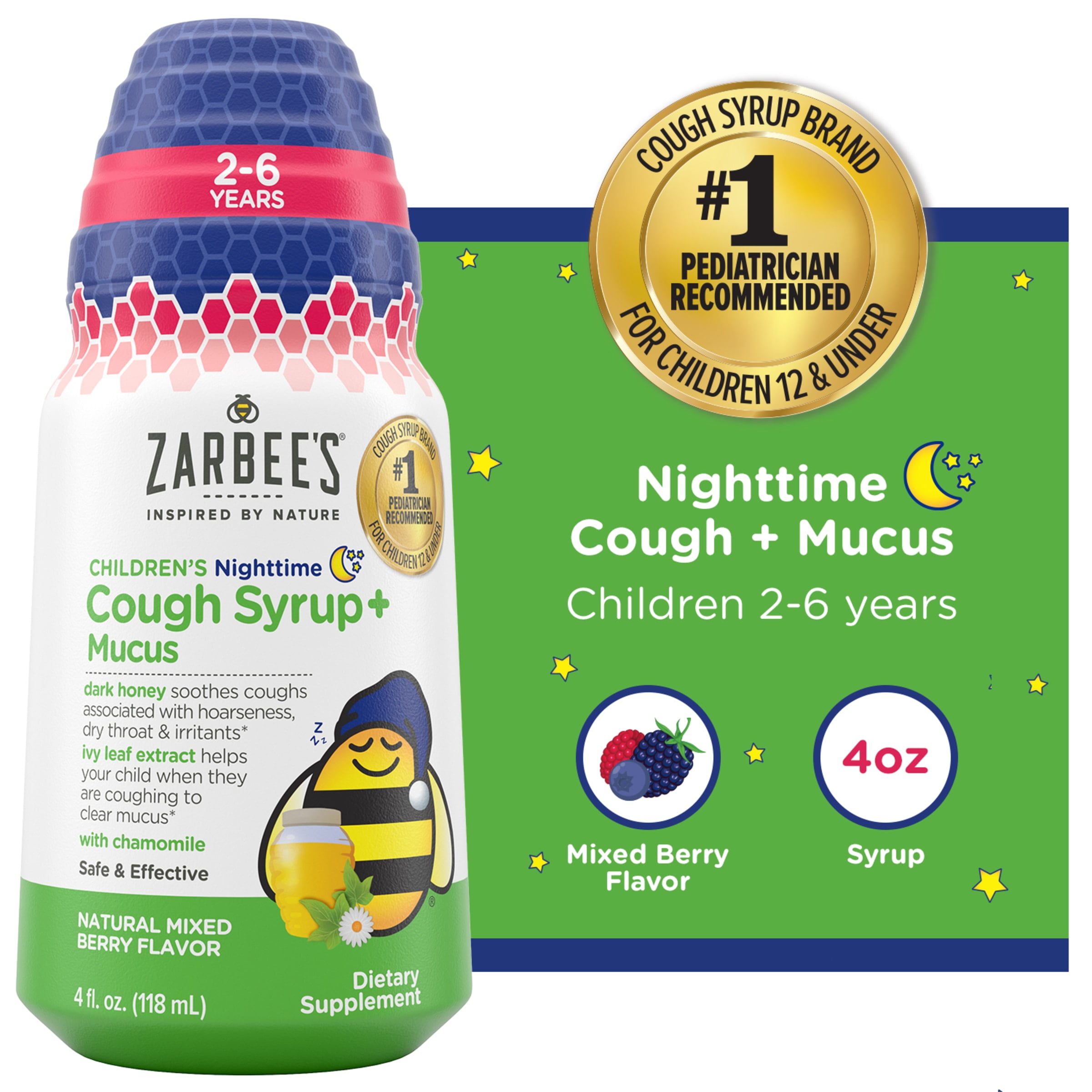 Zarbees Kids Cough + Mucus Nighttime with Honey, Ivy Leaf, Zinc & Elderberry, Mixed Berry, 4FL Oz