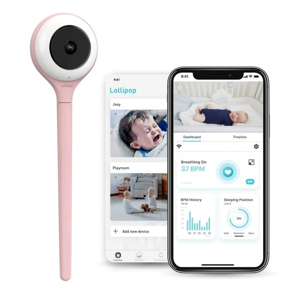 Lollipop Baby Monitor (Cotton Candy): cámara Wi-Fi inteligente con todas las funciones de detección real de llanto con plan adicional en la aplicación de monitoreo de la respiración/seguimiento del su