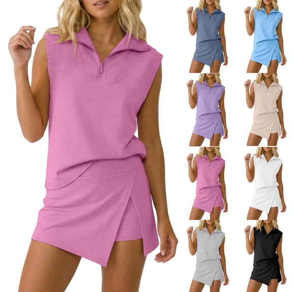 Women's Casual Tracksuit Outfit 2 Piece Matching Set Sleeveless Half Zip Polo Shirt and Wrap Skort Athletic Lounge Outfits White