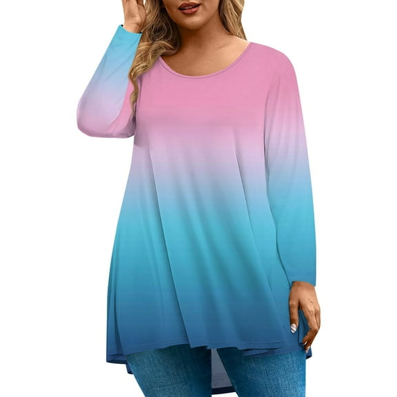 Abcomgle Plus Size Womens Tops 4x-5x Summer Crew Neck T Shirts Gradient Graphic T-Shirt Long Sleeve Tops Curved Hem Casual Tunic Tops,XL