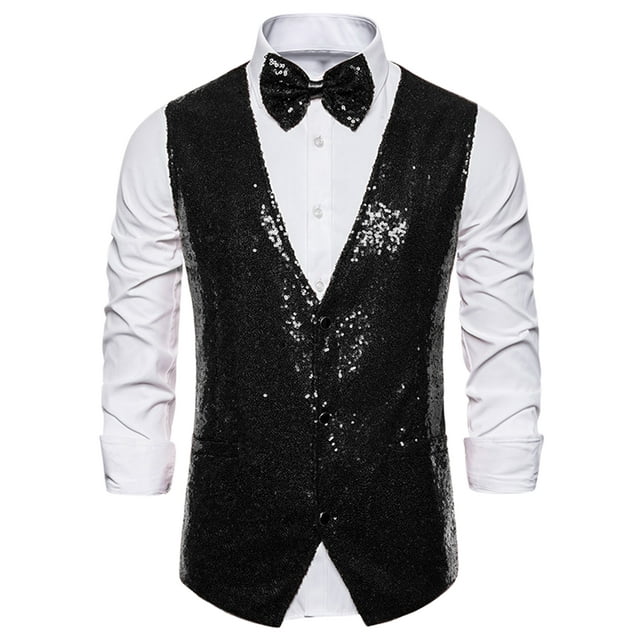INSPIRE CHIC Gilet de Costume Brillant à Paillettes Disco pour Homme avec Nœud Papillon