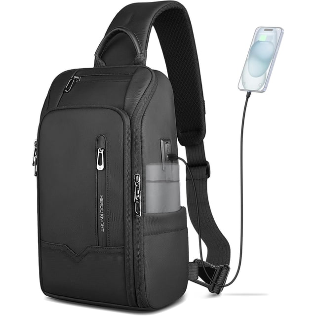 HEROIC KNIGHT Sling Mochila Cruzada, Impermeable, con Puerto de Carga USB, Antirrobo, para Tableta de 9.7 Pulgadas, Negro