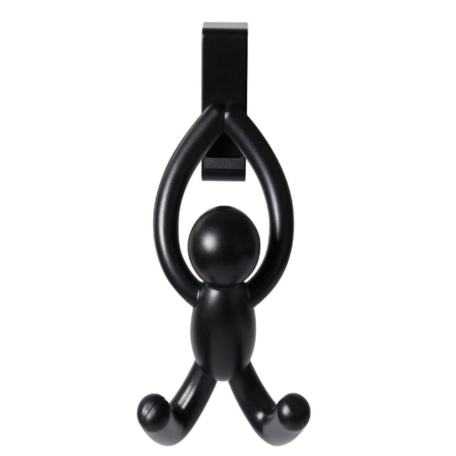 toallero buddy (2) negro juego de 2 toalleros colgantes Umbra en negro, vista frontal centrada de figura humana con doble gancho curvado, gancho superior para puertas de gabinete sin herramientas y almohadilla de espuma EVA en la cara posterior.